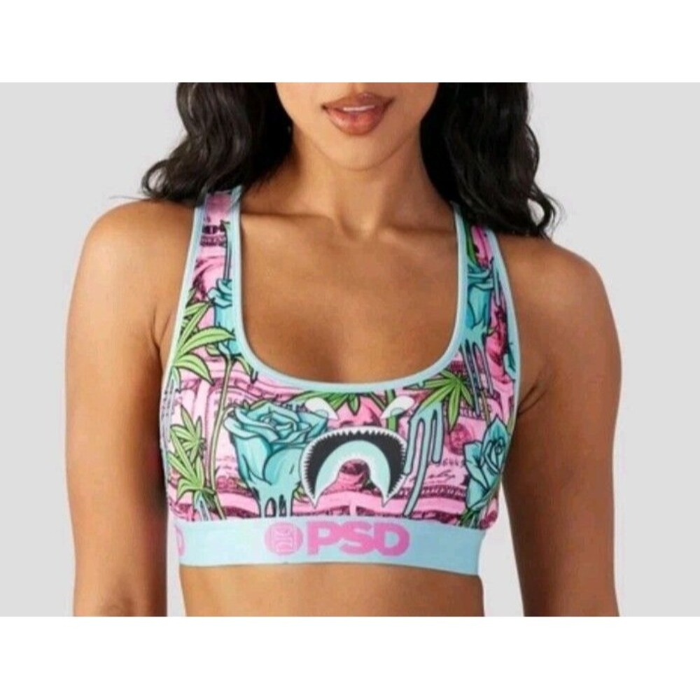 PSD Women’s Racerback Sports Bra Money Weed Rose Print Logo Pink / Blue Sz L NWT